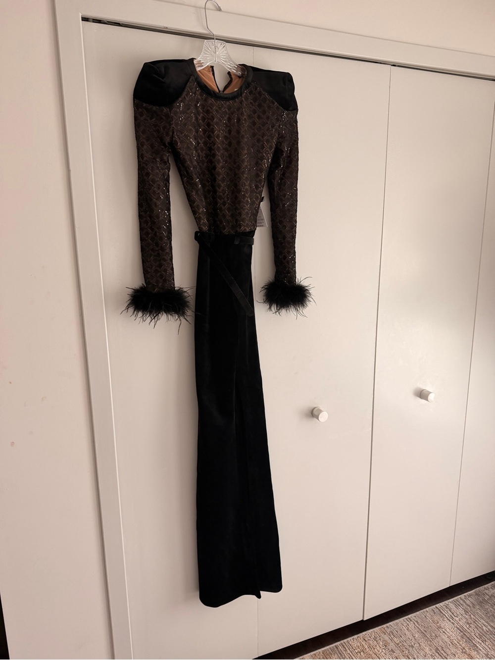 NADINE MERABI Black Long-Sleeve Feather Cuff Evening Gown